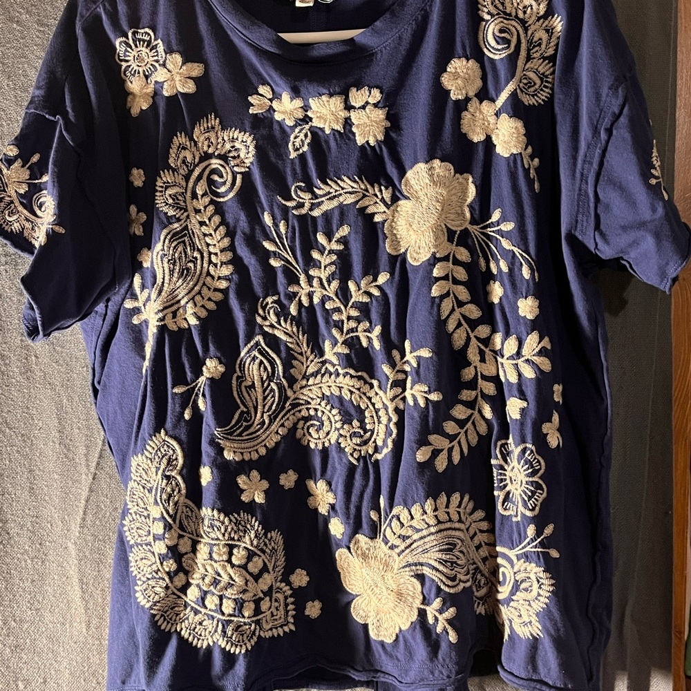 Navy Blue T-Shirt with Cream & pink Embroidery.